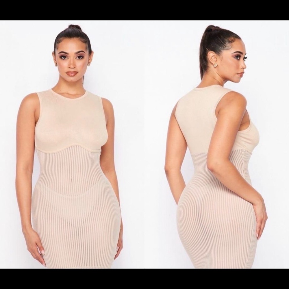 Nude ribbed mesh sexy dress